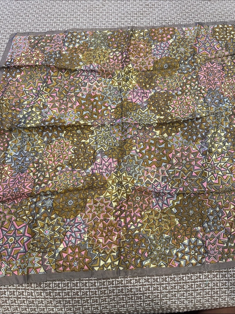 Geometric Star Pattern Silk Scarf in Pink, Gold & Brown